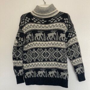 Eddie Bauer Knit 100% Wool Dark Gray Fair Isle Sweater Festive Warm Size SP
